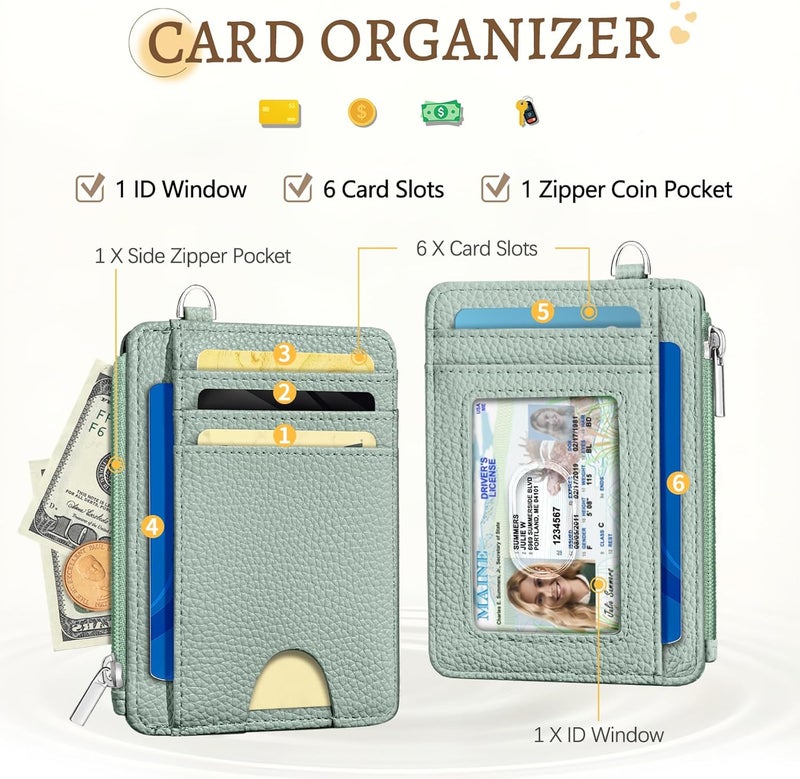 Kelvoris Green Credit Card Holder Small Wallet Women, Minimalist Slim RFID Blocking Wallet Woman Keychain with Zipper Coin Pocket, Front Pocket Thin Travel Card Case Organizer ID Window Ladies Gifts - Image 3